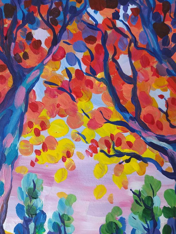 Walk among the trees - acrylic, flowers, landscape, trees, forest, painting, trees acrylic painting,  painting, landscape painting