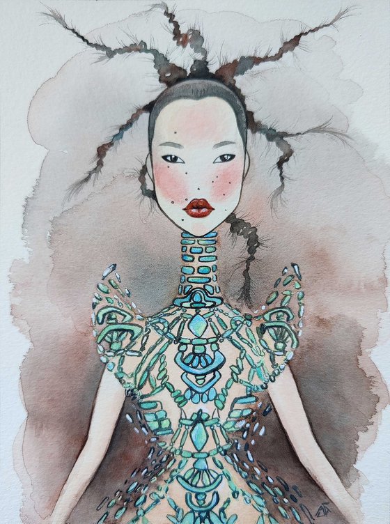 Fashion Illustration II, watercolor, dress from designer Iris van Herpen, fan art singer Tsunaina Drawing
