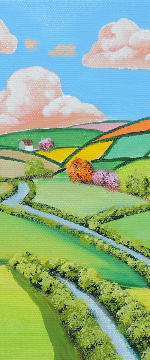 Folk art sheep landscape oil painting on canvas by Gordon Bruce