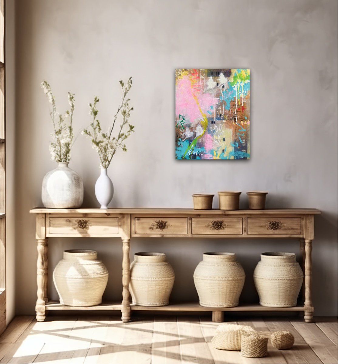 Organic Abstract Acrylic Painting By Bea Schubert, 15 X 18, Flying Home No.8, Original Artwork