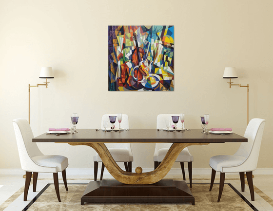 still life with violin (80x80cm, cubism, oil painting, ready to hang)