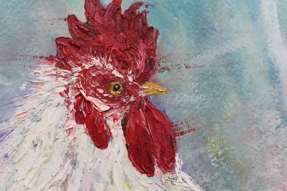 White Rooster - Cock Oil painting on Khadi Handmade deckled edged paper - bird art - Easter - special cockerel