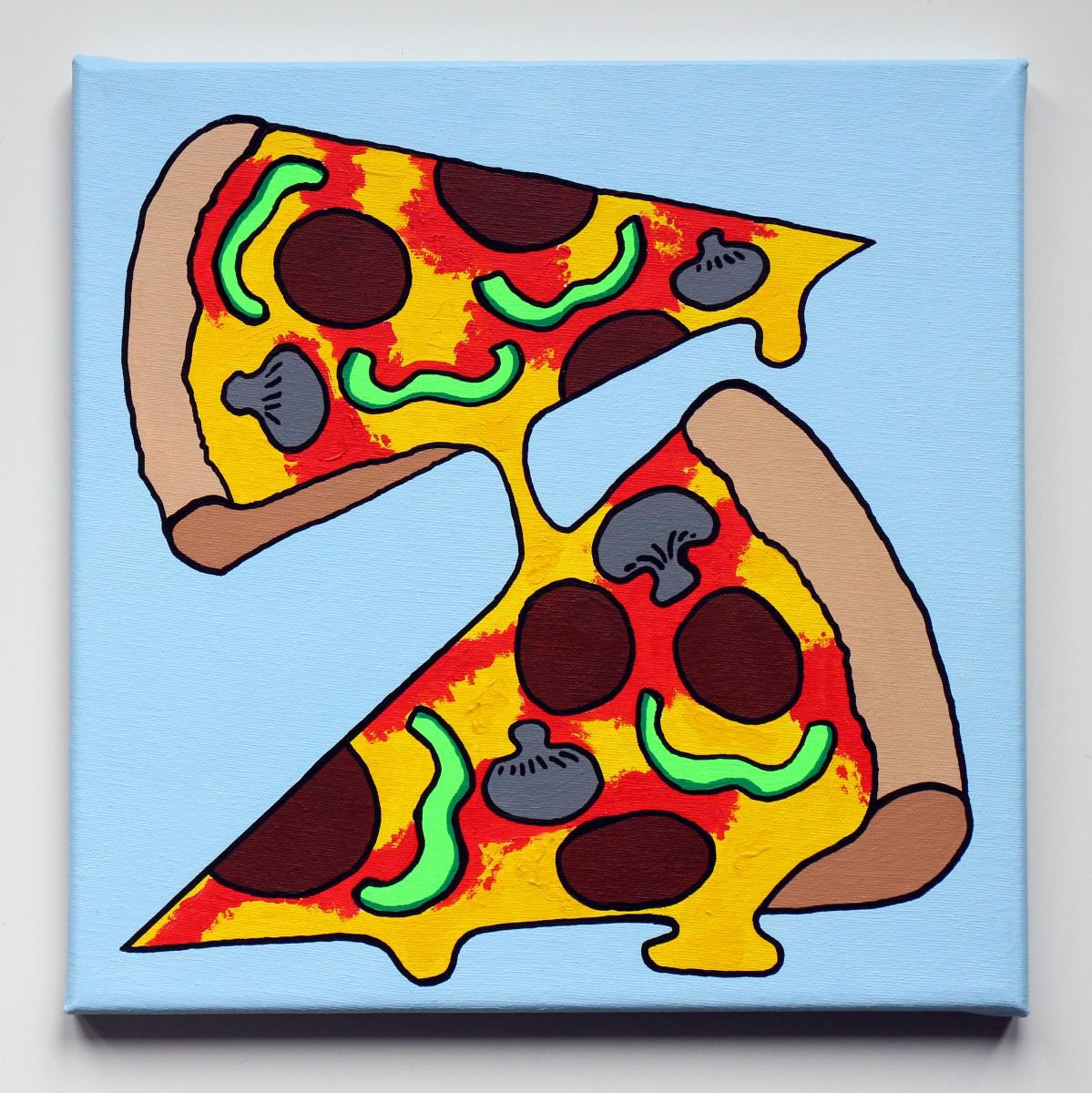 Urban And Pop Still Life Acrylic Painting By Ian Viggars, 12 X 12, Two Slices Of Pizza, Original Artwork