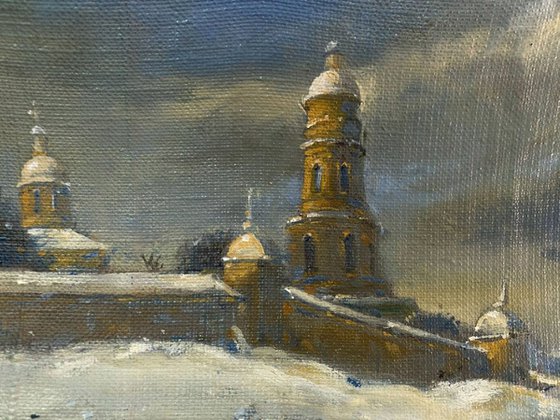 Winter landscape and monastery