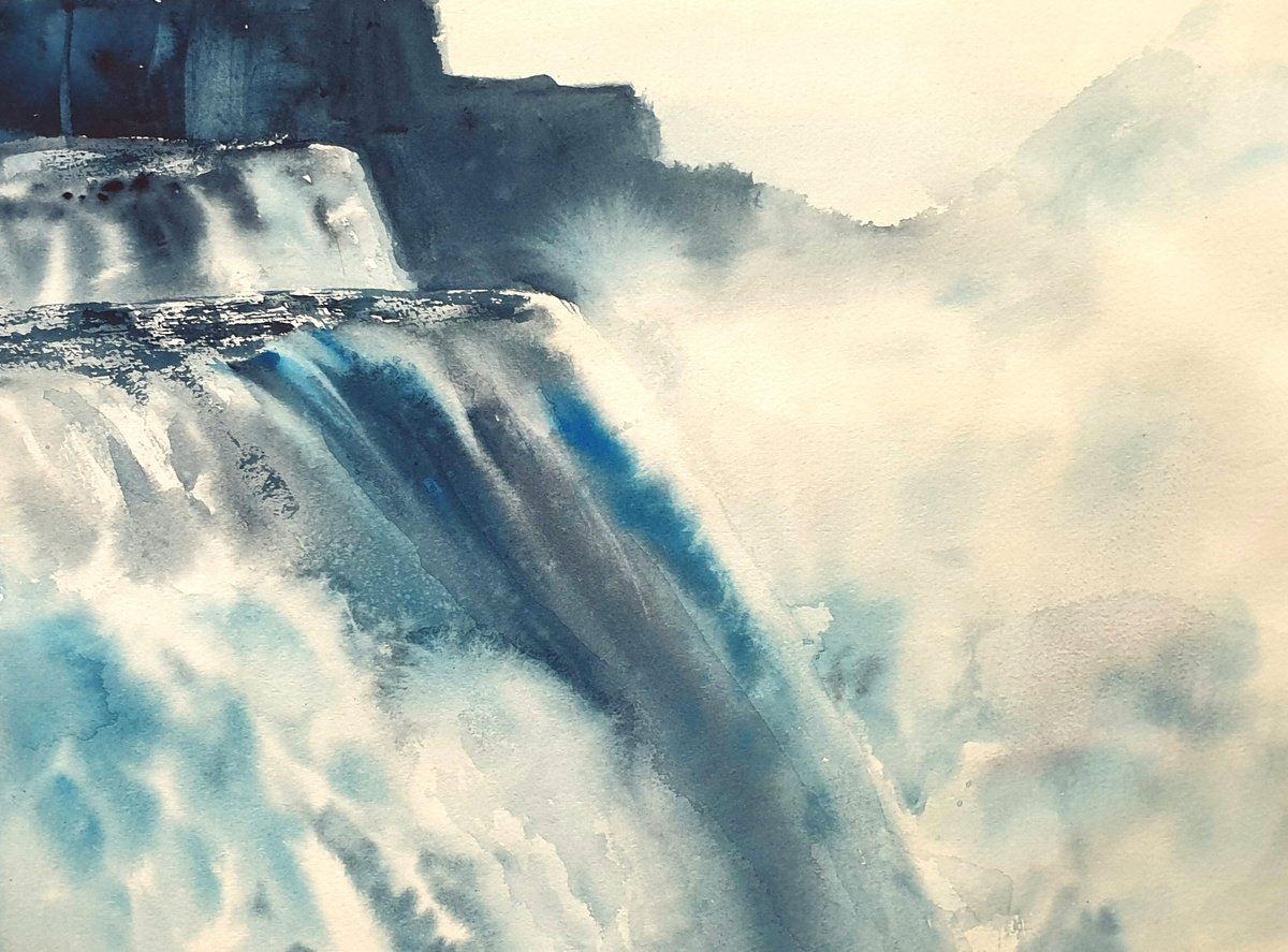 Impressionistic Landscape Watercolour By Elena Genkin, 16 X 12, Frozen Niagara, Original Artwork