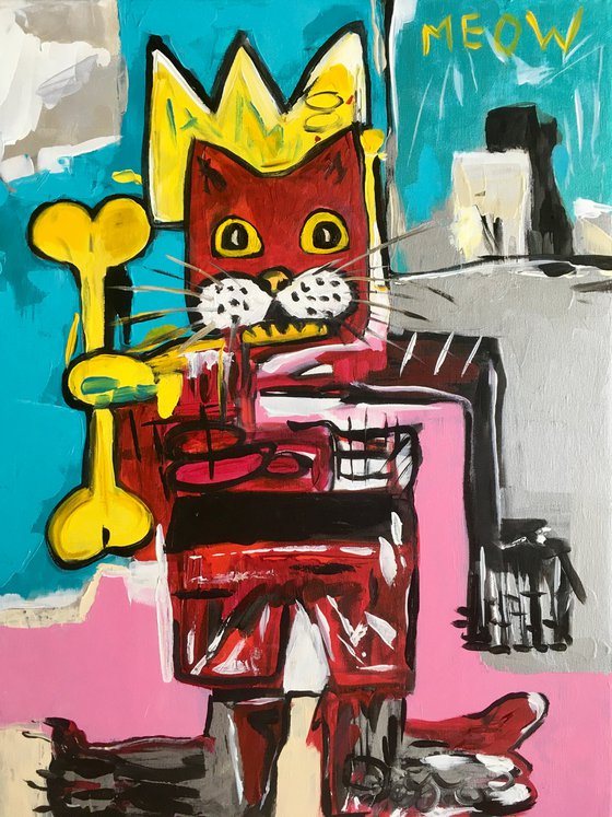 King Cat Troy  in a CROWN ( 71x 51cm, 28 x 20 inches,) version of famous painting by Jean-Michel Basquiat