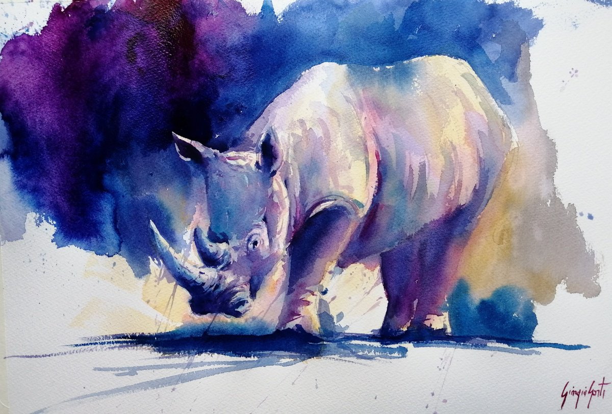 Impressionistic Watercolour , Rhinos 6 By Giorgio Gosti, 21 X 14, Artwork For Sale On Artfinder