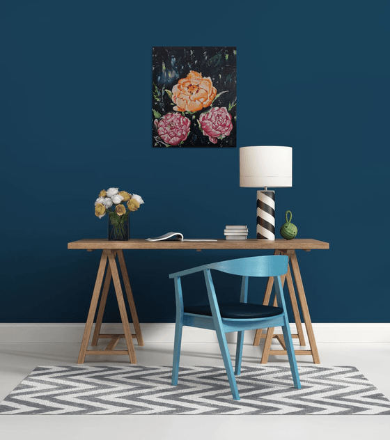 Midnight bloom, floral peonies painting