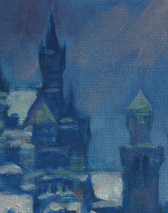 Original Oil Painting Wall Art Signed unframed Hand Made Jixiang Dong Canvas 25cm × 20cm Landscape Winter at Neuschwanstein Castle Germany Small Impressionism Impasto