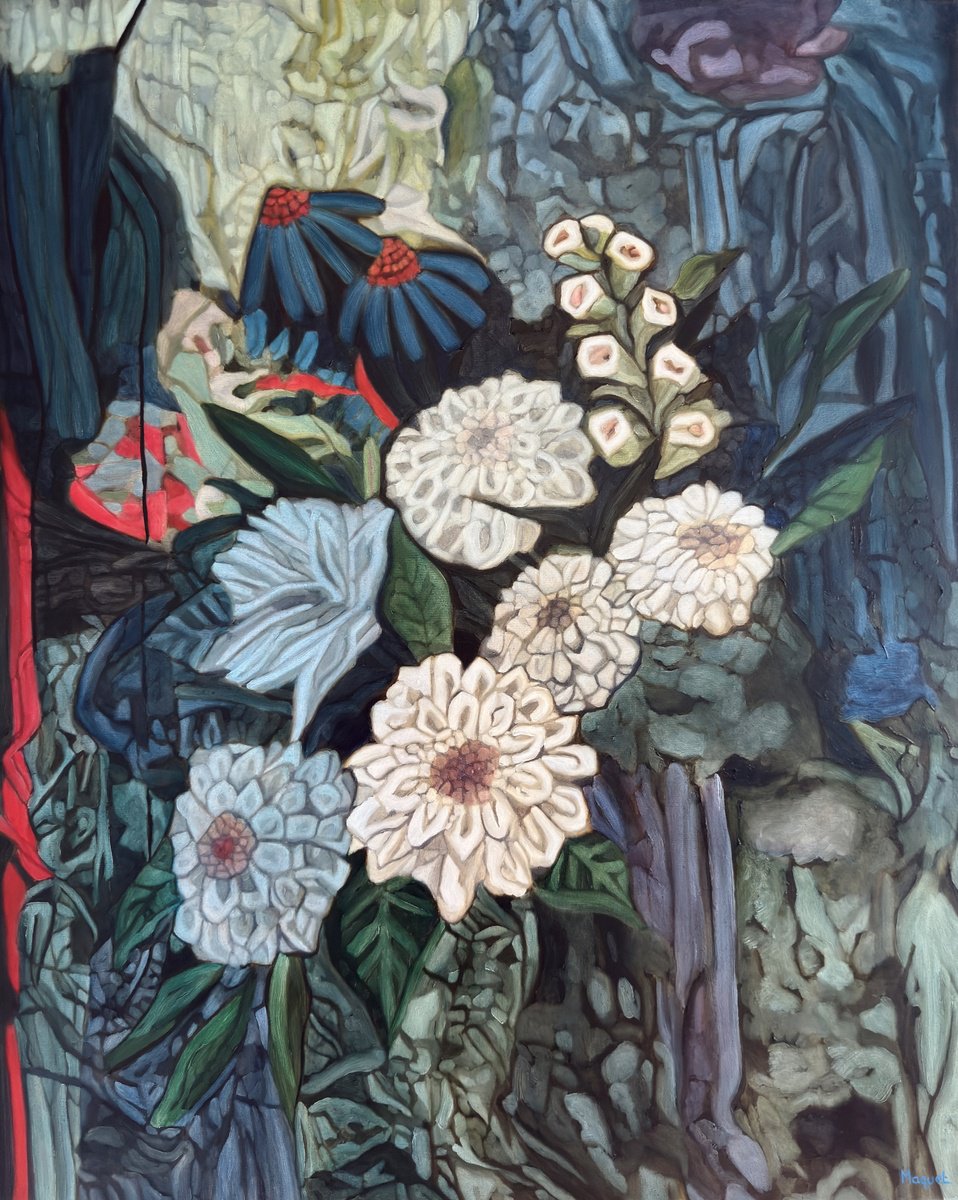 Organic Botanical Oil Painting By Nathalie Maquet, 32 X 39", Bouquet 43, Original Artwork