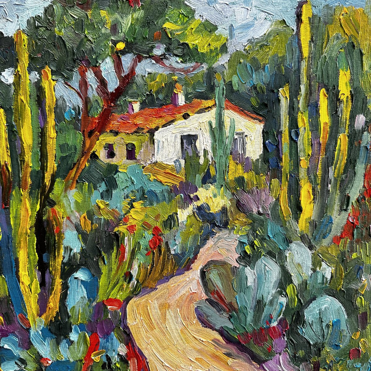 Impressionistic Cityscapes Oil Painting By Irina Anis, 12 X 12, Summer House And Cacti, Original Artwork
