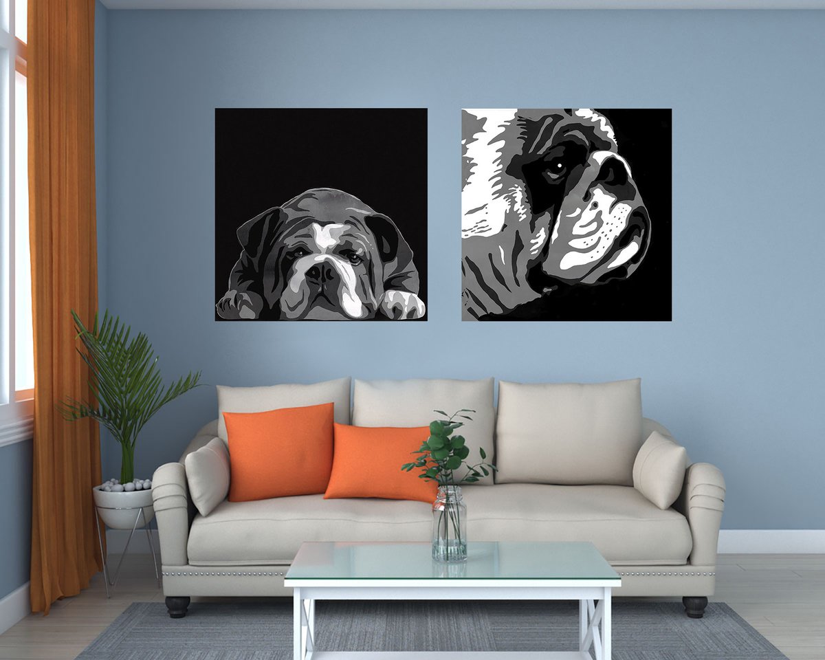 Graphic Animal Acrylic Painting By Nicolas Goia, 63 X 31", Bulldog Wall Art, Original Artwork