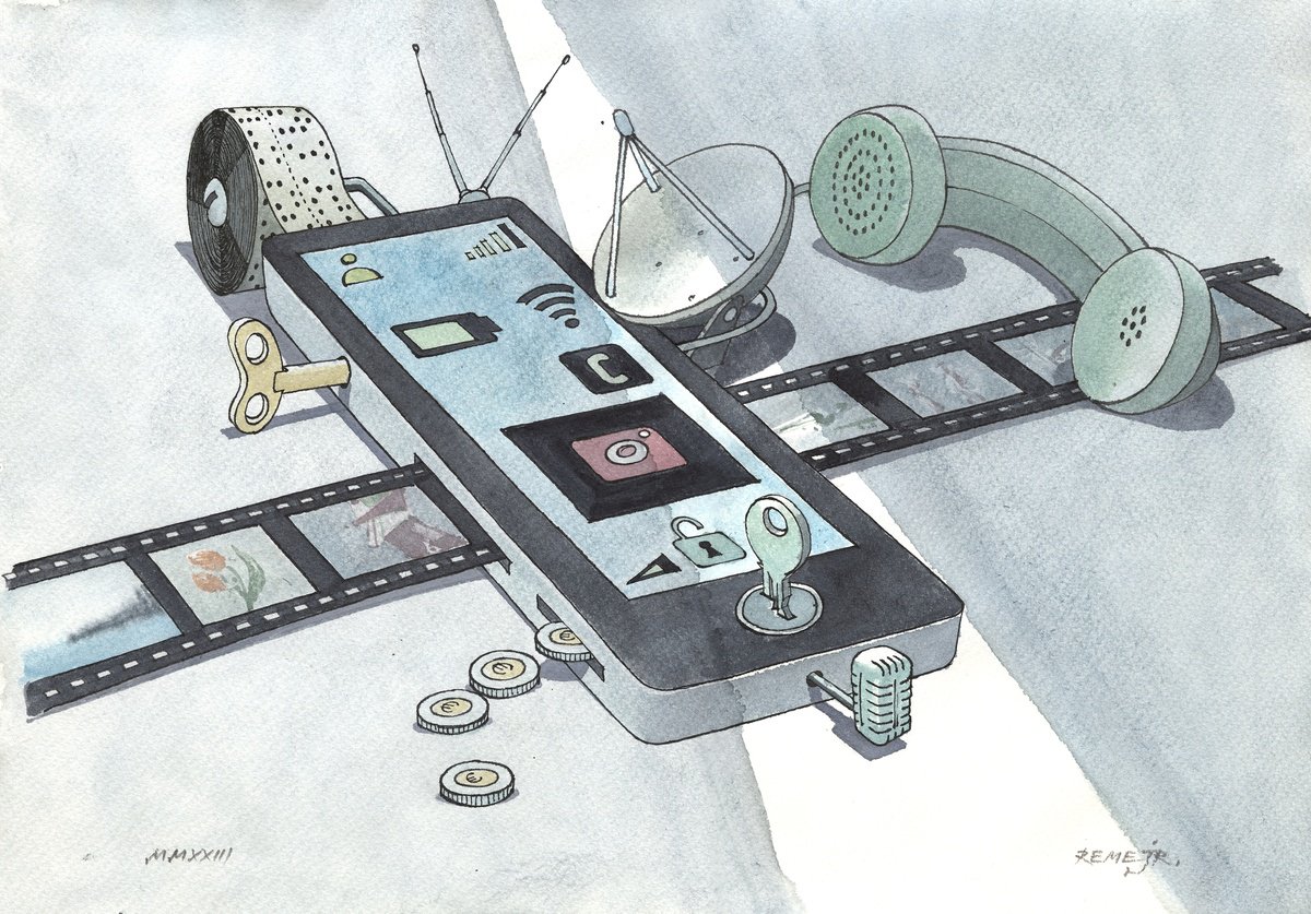 Illustrative Still Life Ink Drawing By Reme Jr., 14 X 10", Analog Mobile Phone, Original Artwork