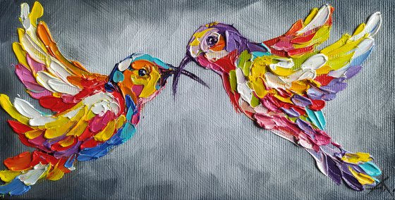 Little hummingbird - oil painting, hummingbird, birds, love,  animals oil painting, art bird, impressionism, palette knife, gift.