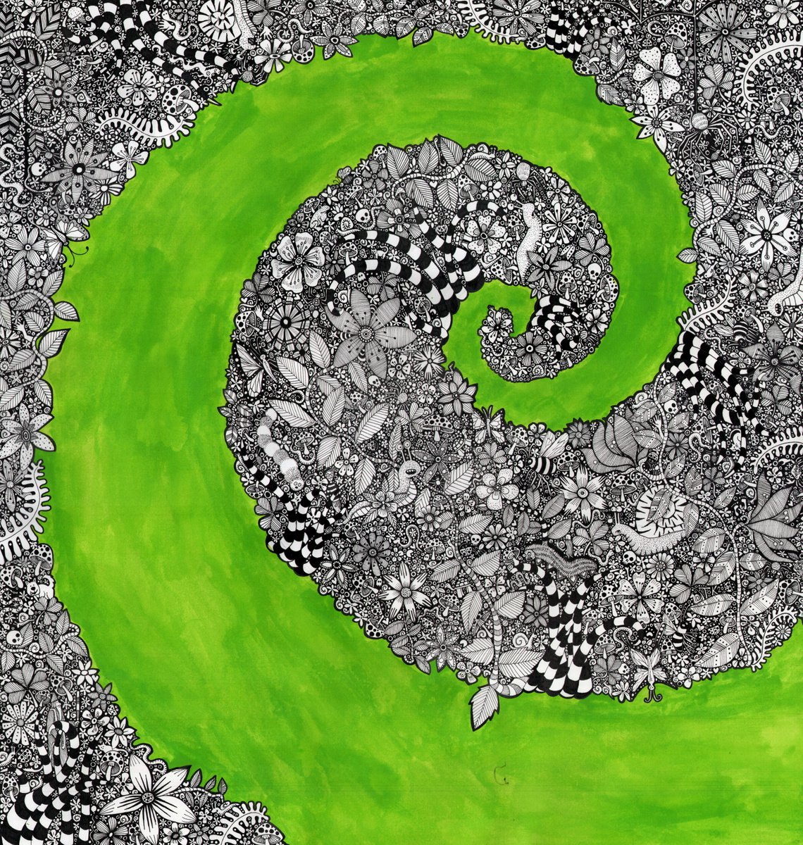 Botanical Ink Drawing By Terri Smith, 24 X 25", Garden Spiral, Original Artwork