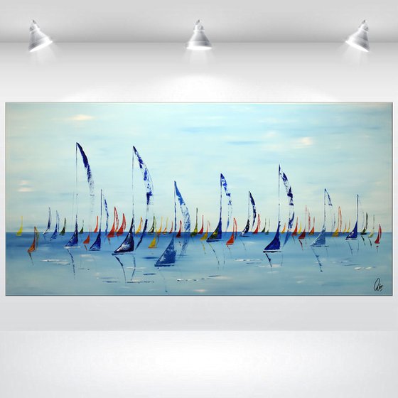 Happy Summer  - XXL  Abstract- Colourfull Sailboat Painting- Large Acrylic Art Canvas Wall Art Ready to hang