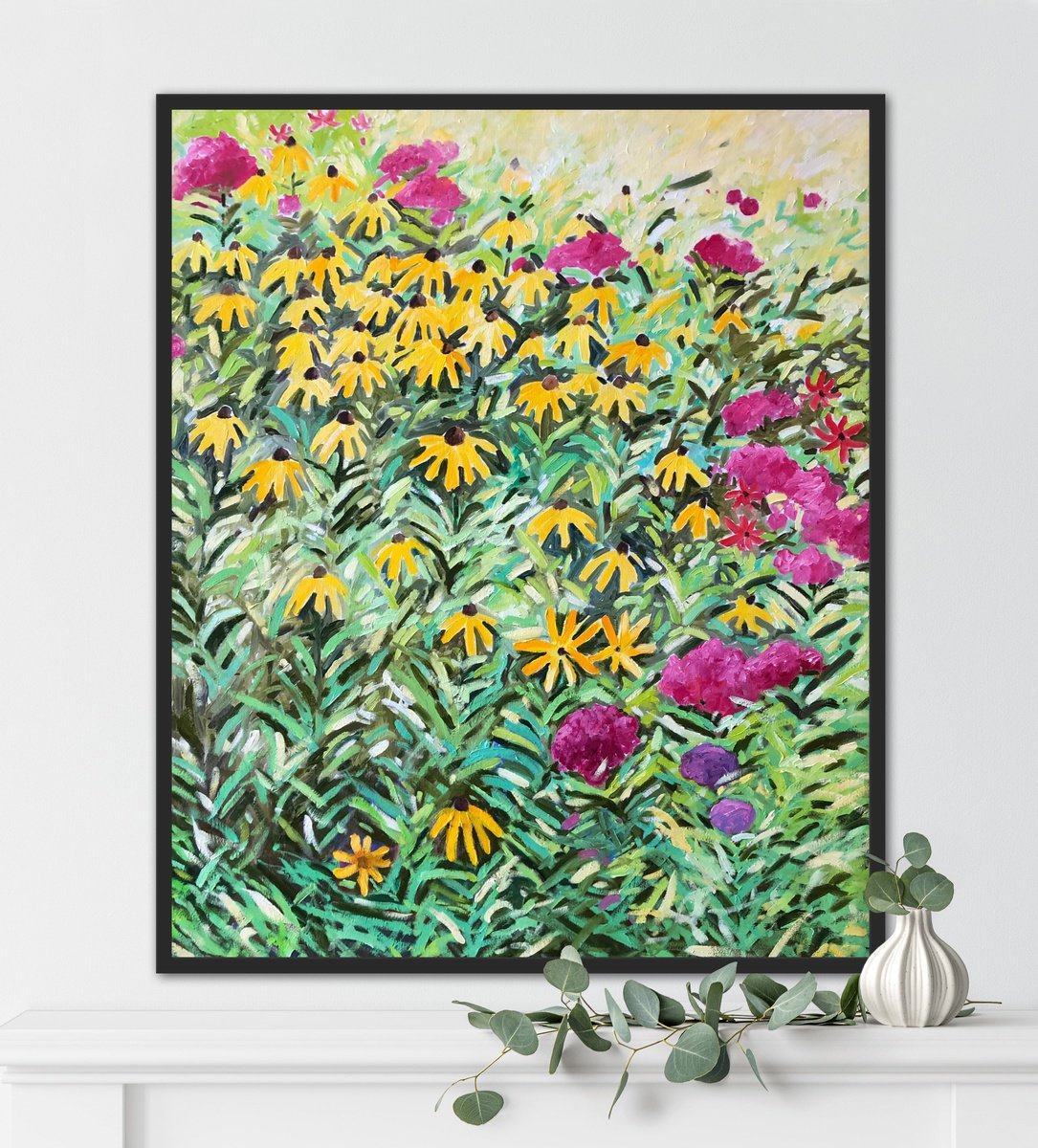 Impressionistic Botanical Oil Painting By Volodymyr Smoliak, 30 X 35", Yellow Flowers In Garden, Original Artwork