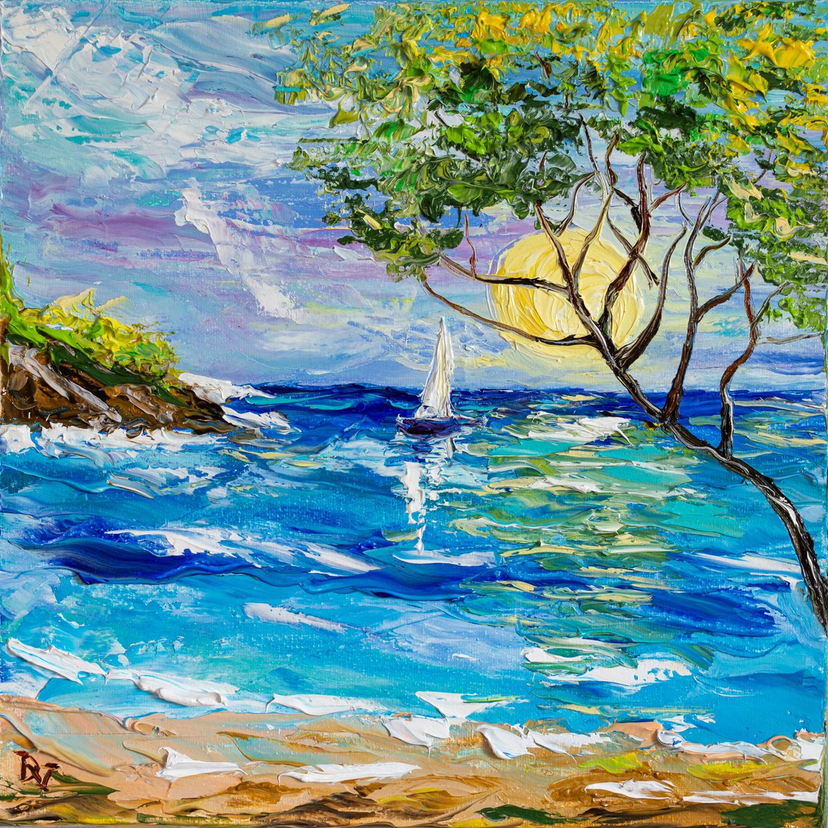 Impressionistic Landscape Oil Painting By Vladyslav Durniev, 12 X 12", Blue Breeze, Original Artwork
