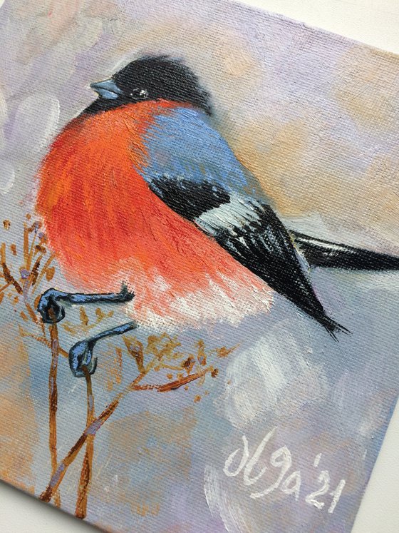 Bird oil painting - Bullfinch small canvas artwork - Christmas gift for bird lover (2021)