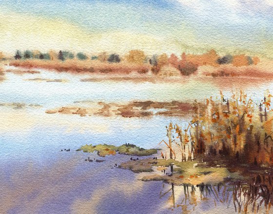 Ukrainian watercolour. Cold day by the lake. Autumn