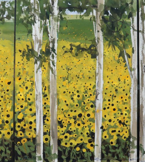 Sunflowers composed with trees by Prashant Prabhu