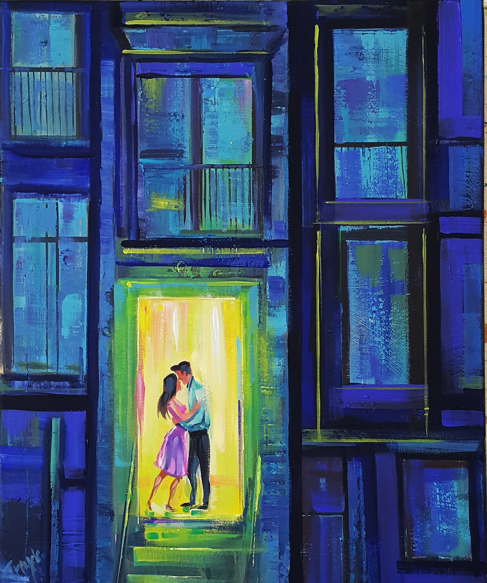 Abstract Portrait Acrylic Painting By Trayko Popov, 20 X 24", Good Night Kiss, Original Artwork