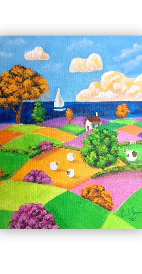 Cow Folk art patchwork fields small panel painting by Gordon Bruce