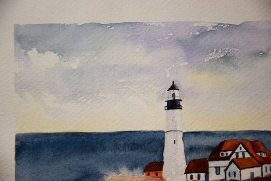 Lighthouse original watercolor painting on craft paper, sea and rocks, hygge home decor