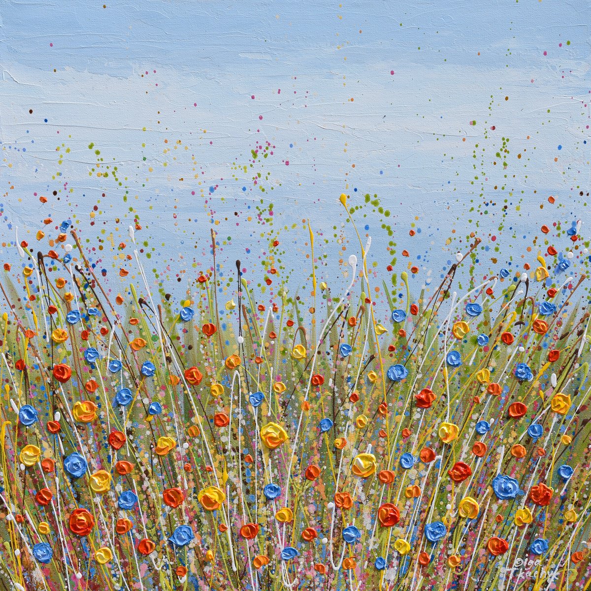Impressionistic Botanical Acrylic Painting By Olga Tkachyk, 24 X 24", Colorful Meadow, Original Artwork