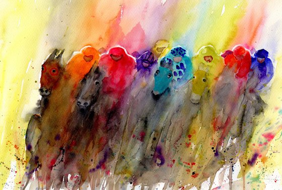 It's anybody's Race is my watercolour painting of horses racing towards a photo-finish.