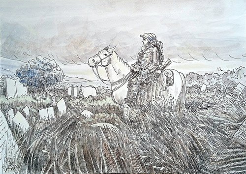 Traveler on horseback in the plain of scattered pages by paolo beneforti
