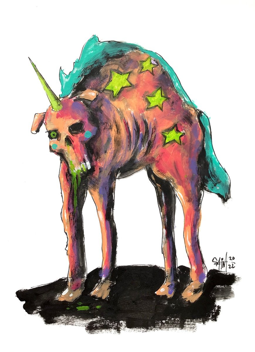 #74 Unicorn Zombie portrait painting original art, Horror Naive Outsider Folk Art Brut Str... by Ruslan Aksenov