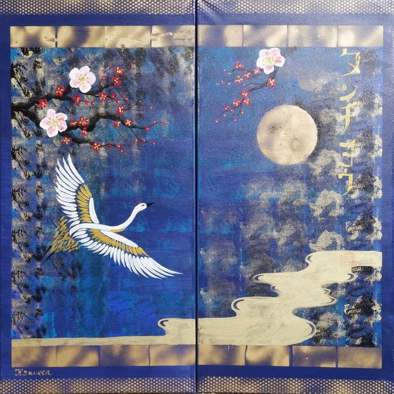 Japanese crane sun Japan Hieroglyph blue original artwork J125 large acrylic painting wall art for Lounge, Office or above sofa