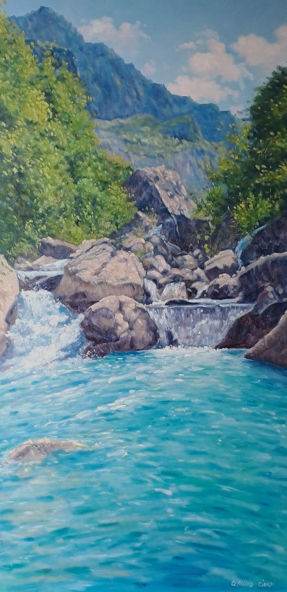 Impressionistic Landscape Oil Painting By Claudio Ciardi, 20 X 39, Torrent In Forno Graian Alps, Original Artwork