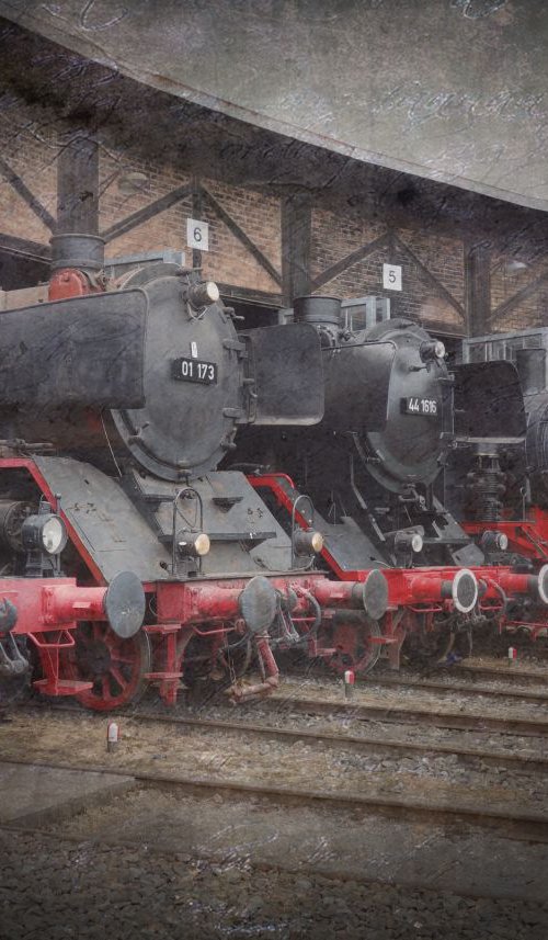 Old steam trains in the depot 10 - 60x80x4cm print on canvas by Kuebler
