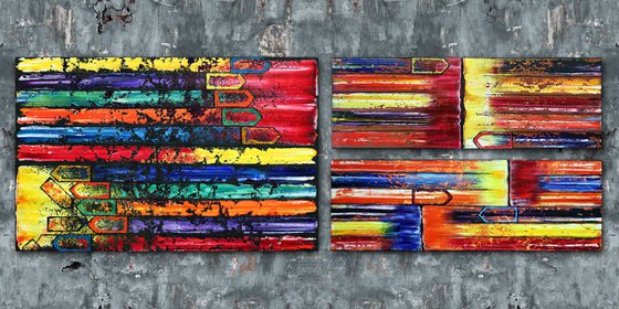 "The Grown-Ups Are Talking" - Original Xt Large PMS Abstract Triptych Oil Paintings On Canvas and Recycled Wood - 76" x 26"