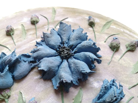 Blue cornflowers on a white background-delicate Botanical bas-relief 25x15x3 cm.