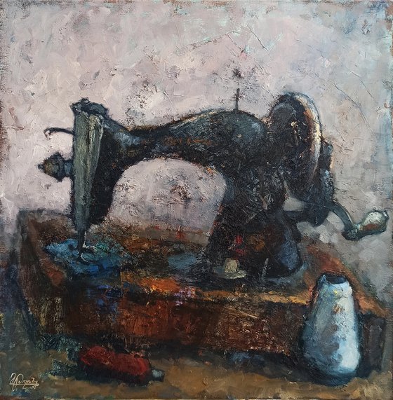 Still life - sewing machine (50x50cm, oil painting, ready to hang)