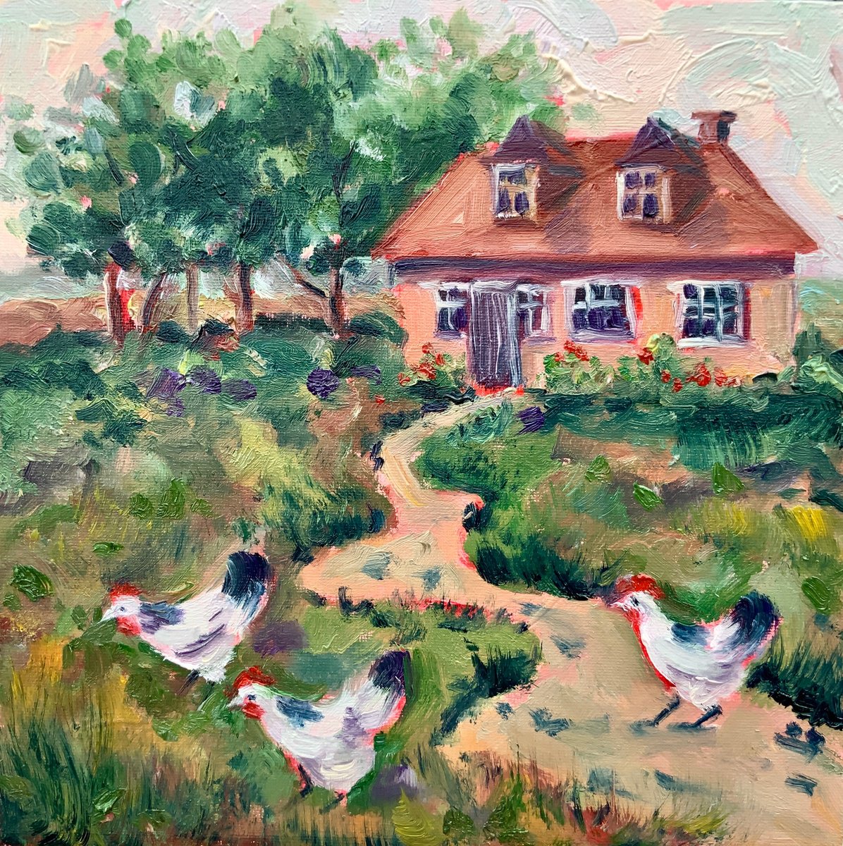 Impressionistic Landscape Oil Painting By Alexandra Jagoda (Ovcharenko), 10 X 10, Village House And Chickens, Original Artwork