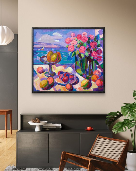 Roses and fruits on the shore