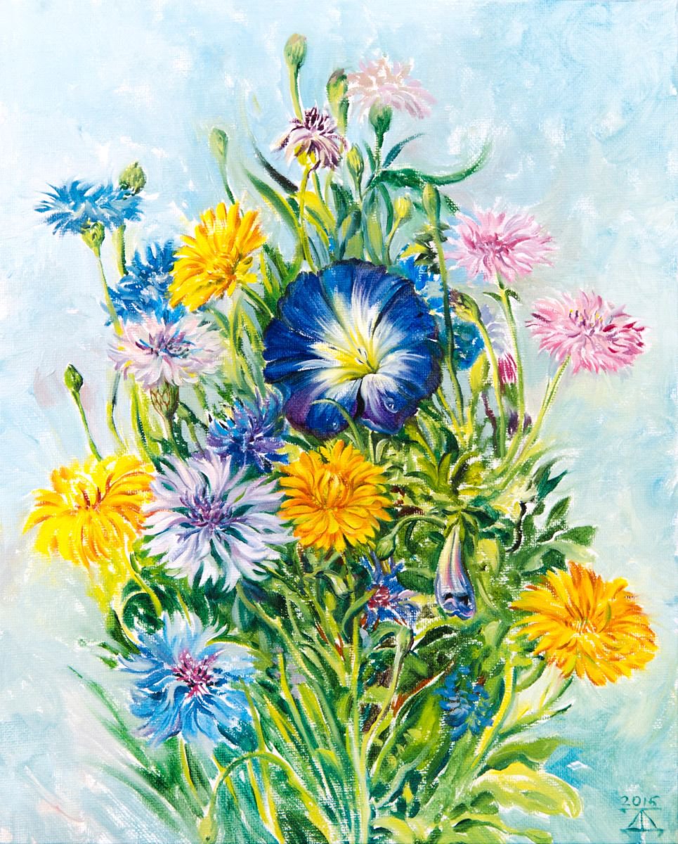 Photorealistic Botanical Oil Painting By Daria Galinski, 9 X 12, Field Flowers, Original Artwork