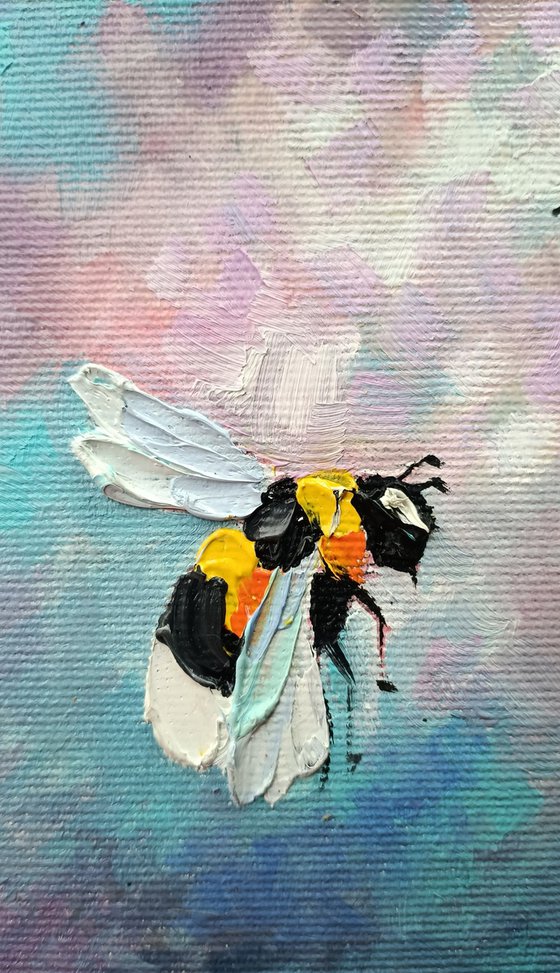 In the sky - small painting, bumblebee insects, oil painting, postcard, bumblebee, bumblebee oil, painting, gift, gift idea, insects