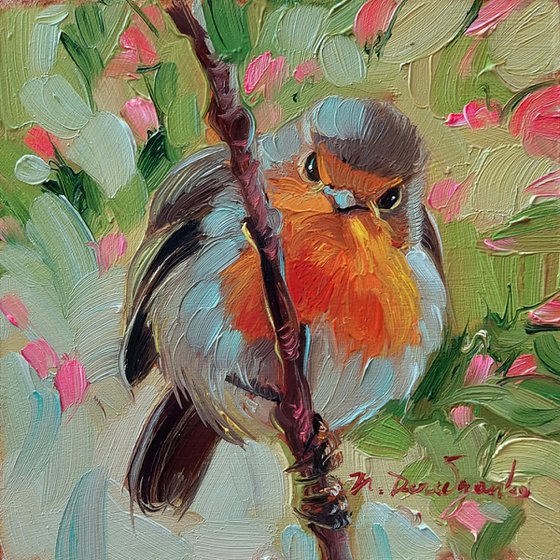 Robin bird on brunch art painting, Miniature painting 4x4 bird painting original, Gift for dad
