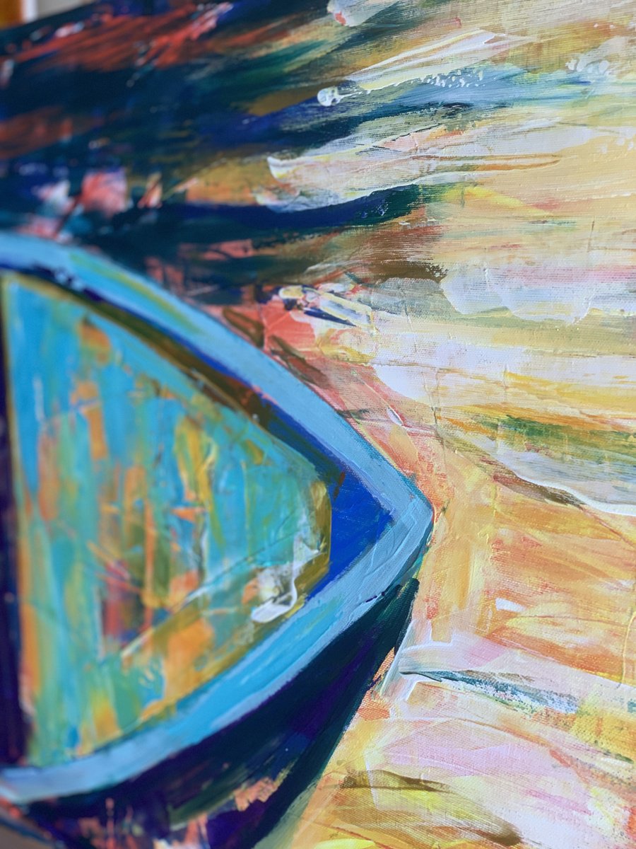 Impressionistic Landscape Acrylic Painting By Olga Pascari, 39 X 20", Boat, Original Artwork