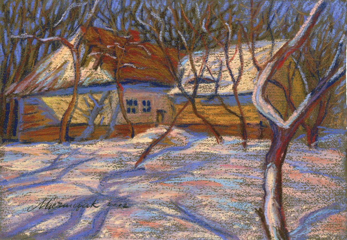 Impressionistic Landscape Pastel Drawing By Richard Mierniczak, 12 X 8", Orchard In Winter, Original Artwork