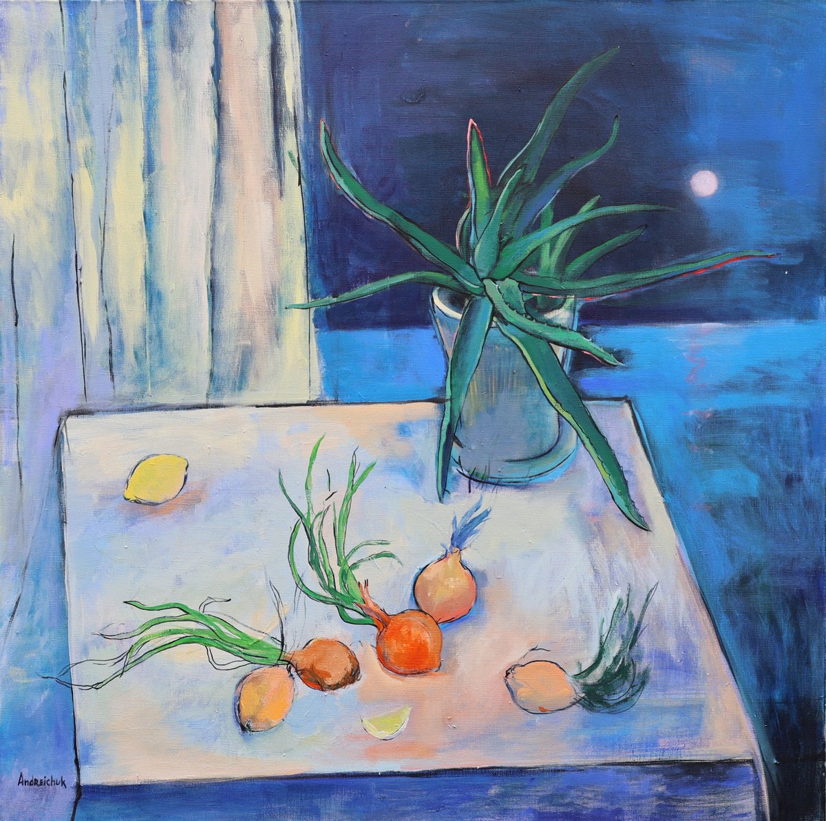 Expressive Still Life Acrylic Painting By Artem Andreichuk, 39 X 39, Aloe Vera And Moon, Original Artwork