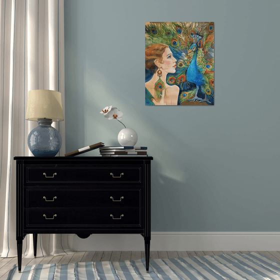 Girl with peacock. Art Deco woman portrait. Interior portrait