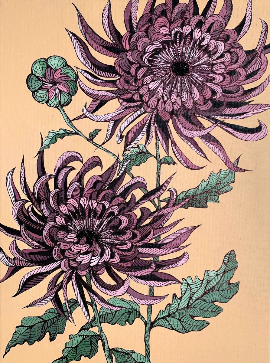 Illustrative Botanical Painting By Maria Tuzhilkina, 12 X 16", Autumn Burgundy Asters, Original Artwork