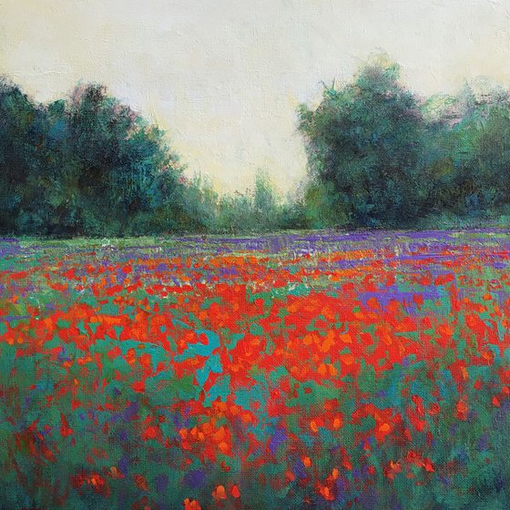 Red Poppies And Violet flower field impressionist landscape