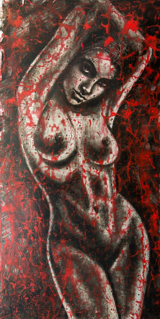 "Lady in red"Original mixedmedia painting on aluminium panel 55x107,5x0,4cm